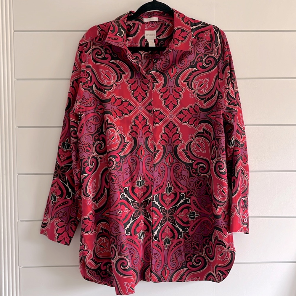 Chico’s Paisley No Iron Cotton Tunic Shirt Top